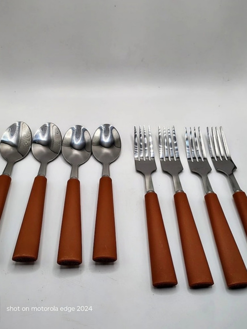 8pc Vintage Picnic Source MCM Stainless Flatware Set Brown Resin Plastic Handles